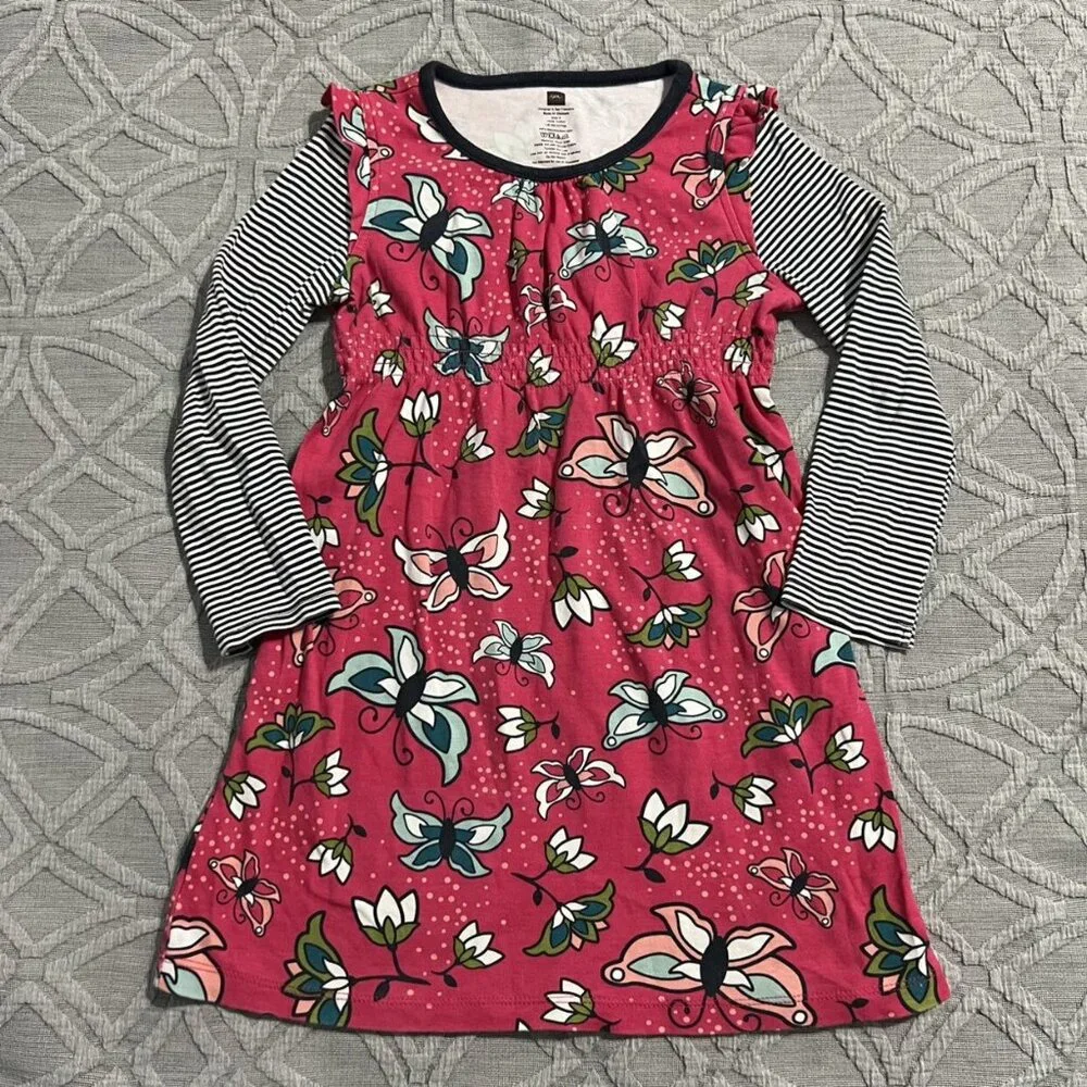Tea Collection Sz 6 Pink Butterflies & Stripes Dress